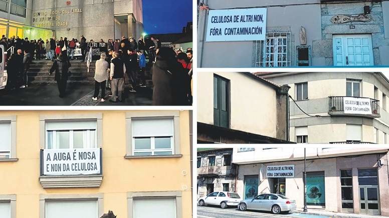 Concentración e carteis de protesta contra a celulosa de Altri pendurados de fiestras e balcóns en Palas de Rei (A Ulloa). (Foto: Nós Diario).